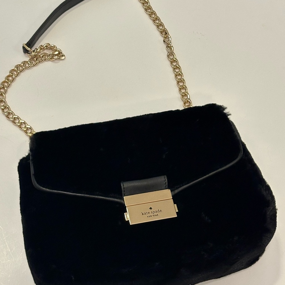 Kate Spade Black Faux Fur Crossbody Bag with‎ Gold Chain